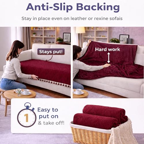 Image of Cortina Velvet Sofa Cover with Tassels | Sofa Couch Protector | Machine Washable Sofa Topper (Red, 3 Seater)