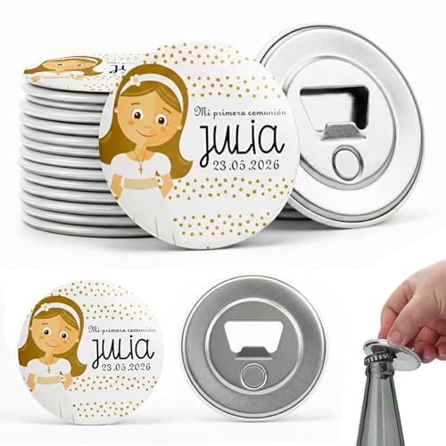 MISS CHAPAS | Pacote de 20 abridores magnéticos personalizados para comunhão, ilustração de menina, nome e data, detalhes convidados primeira comunhão, lembrança original e útil | Apresentação