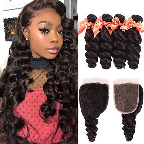 Brazilian Loose Human Hair 4 Bundles with Closure Loose Wave Bundles 100% Unprocessed Virgin Human Hair Loose Deep Wave Bundles with Lace Closure Free Part (18 20 22 24+16) Natural Color