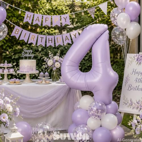 Image of SUWEN 40 Inch Light Purple Large 4 Balloon Number Big Foil Helium Lavender Number Balloons Huge Mylar 0-9 Giant Jumbo Happy 4th Birthday Party Anniversary Decorations