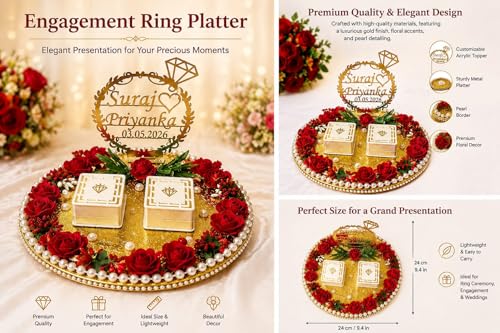 Image of Engagement Ring Platter, Ring Platter for Ring Ceremony,10x10x8 inch, 2 Ring Boxes, Pink Theme, Artificial Flowers - Customised (Red)