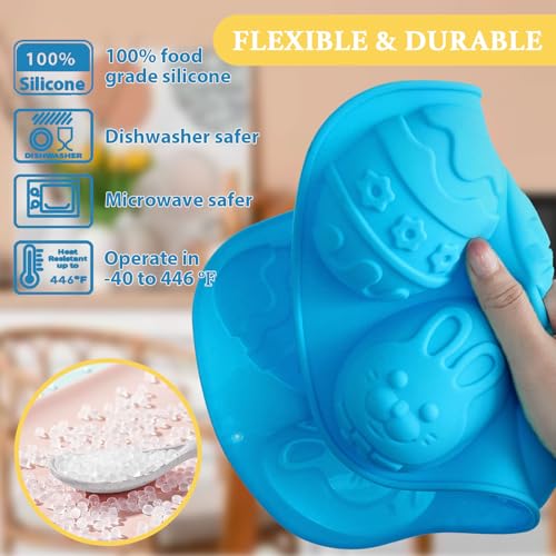 Image of Egg Shape Silicone Molds 3.5 Inch, 2-Pack Chocolate Baking Holiday Easter Mould, Non-Stick BPA Free, Kid-Friendly Soap Mold Rabbit & Floral Designs, Blue & Pink