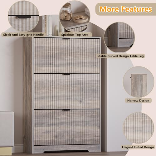 Image of BORNOON Entryway Shoe Cabinet with 3 Flip Drawers, Narrow Shoe Organizer Cabinet with Fluted Panel and Adjustable Shelves for Foyer, Hallway