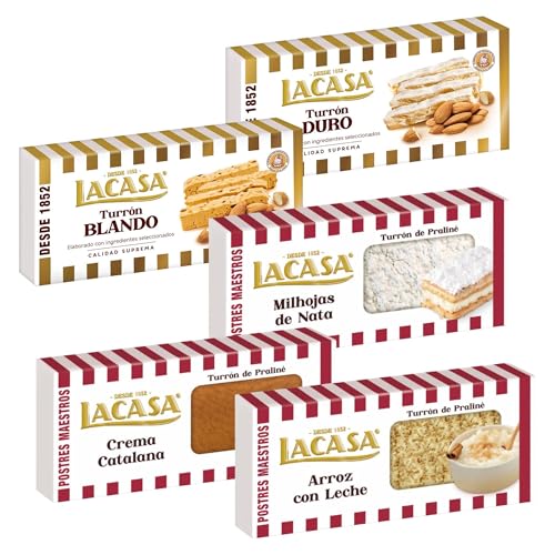 Surtido Turrones Lacasa: 5 tabletas de turron variadas: Blando, Duro, Arroz con leche, Crema Catalana y Milhojas de Nata