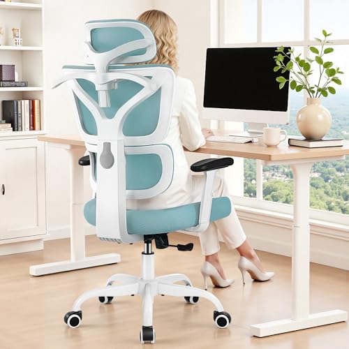 Image of Ergonomic Office Chair High Back Desk Chair with Lumbar Support, Breathable Mesh Computer Chair with Adjustable Armrests Height, Reclining Swivel Big and Tall Gaming Chair for Home Office(Light Blue)