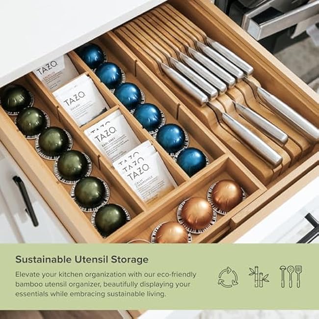 Tea Bag and Coffee Pod Kitchen Drawer Organizer, Expandable 9.7 to 17 Inches, 10 Accessory Compartments with Adjustable Wall Inserts, Non-Slip Rubber Feet, 100% Sustainable Bamboo Wood