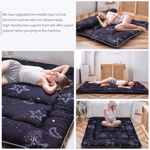 Image of MAXYOYO Japanese Futon Mattress Floor Mattress Sleeping Pad Foldable Mat Roll Up Camping Cushion Floor Lounger Couches and Sofas Couch Topper, Moon and Star, King Size