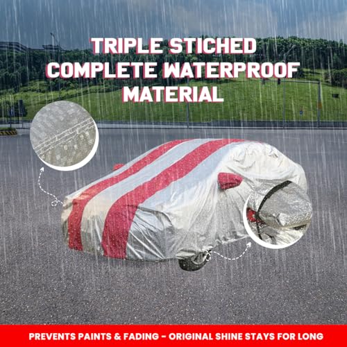 Image of Autofact Waterproof Car Body Cover Compatible with MG Hector (2019 to 2022) with Mirror Pockets (Pink Stripes with Shinning Silver Fabric /Waterproof Cover)