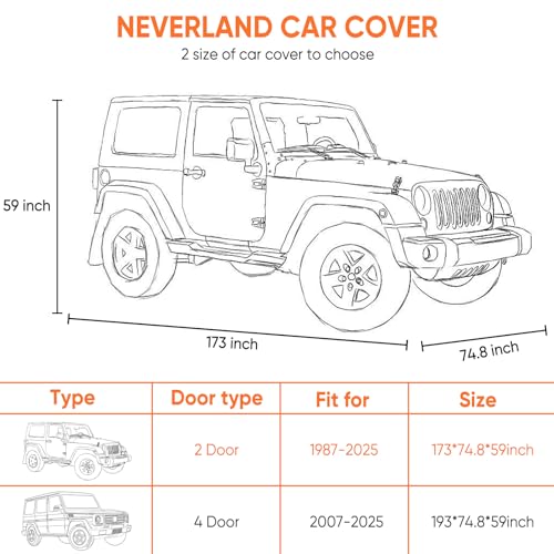 Image of NEVERLAND Cab Cover for 1987-2026 Jeep Wrangler JK JL TJ YJ CJ 2 Door, Waterproof Jeep Wrangler Half Covers 2 Door with Trunk Zipper All Weather Sun Rain Snow UV Protection