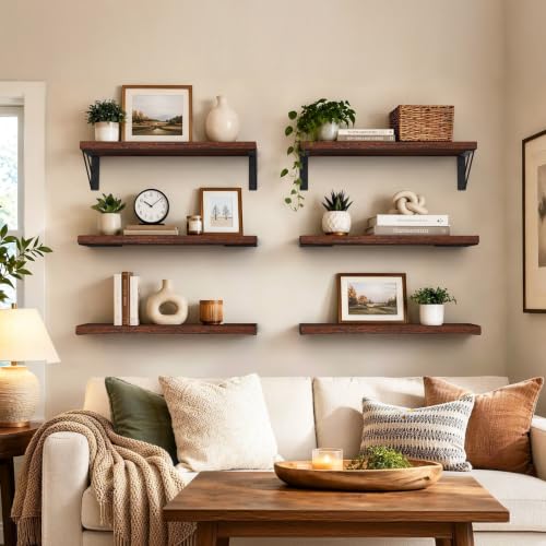 Image of BAYKA Wall Mounted Floating Bathroom Shelves, Rustic Brown, 6-Set,Same Size | Wood Wall Shelf for Bathroom Essentials & Decor, Space-Saving Display & Organizer