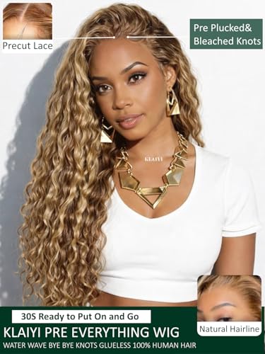 Image of KLAIYI 13x4Bye Bye Slip Highlight Golden Blonde Water Wave Pre Everything Lace Front Wigs Human Hair Drawstring Caramel Brown Curly Glueless Pre Plucked Bleached Knots Ready to Wear and Go Wig 22Inch