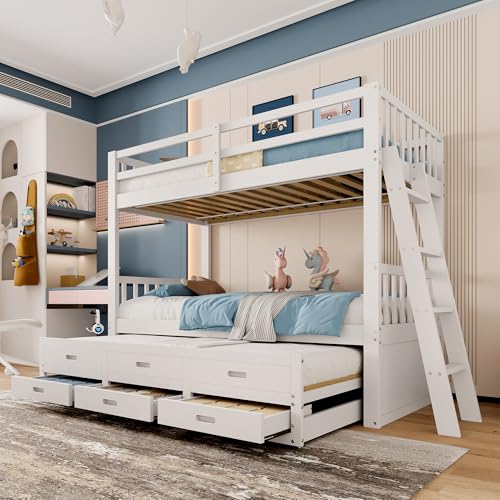 NovaFurnish Litera de 90 x 200 cm, cuna, cama para niños y niñas, estructura de madera de pino y MDF con escalera y cama extraíble y 3 cajones, sin colchón (blanco)