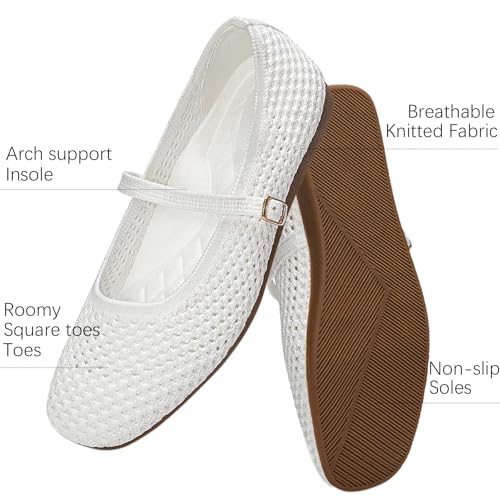 Image of Buyrew Women's Mary Jane Flats Breathable Mesh Square Toe Ballet Flats with Arch Support Washable Non Slip Casual Dress Shoes for Work Office