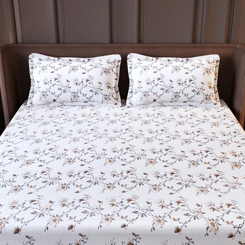 Image of Divine Casa Cotton King Size Bedsheet | 210 TC Soft Breathable Pigment Twill Satin Bed Sheet with 2 Pillow Covers | Luxury Bedding Set | 275 x 275 cm (White & Brown, Floral)