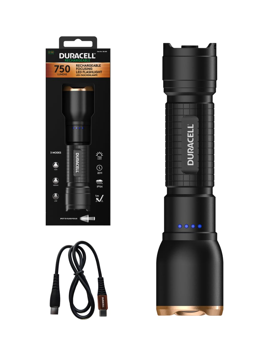 Duracell DF1500R Core Plus - Linterna LED (1500 lúmenes, focal, alcance de 150 m, recargable por USB-C, batería de ion de litio 18650, varios modos de luz, resistente a salpicaduras, carcasa de