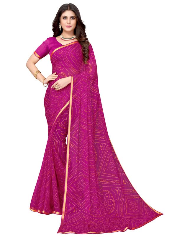 SatraniWomen'S Bandhani Printed Chiffon Saree With Unstitched Blouse Piece