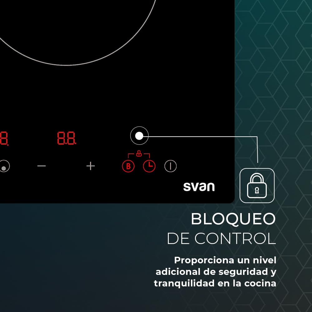 Svan Placa de Inducción Cristal negro SI2301. Potencia máx. 3500 W, 2 Zonas de Cocción, 9 Niveles de Cocción, Control Táctil, Función Turbo, Bloqueo y Autodesconexión de Seguridad