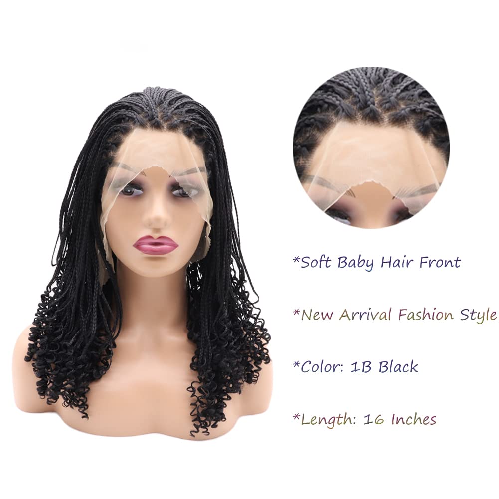 AFBeauty Black Braided Wig for Women Fully Handmade Black Curly Box Braided Wig Heat Resistant Fiber Synthetic Micro Braided Daily Braids 16 Inch - Image 2