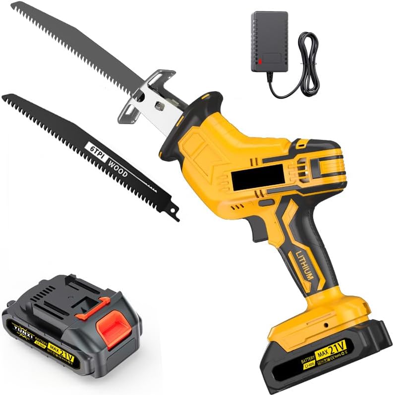 Cordless Reciprocating Saw: Variable Speed, Tool-Free Blade Change Electric Saw - Includes 1 Batteries, Charger, 1 Saw Blades - Suitable for Metal/PVC Cutting and Wood Trimming