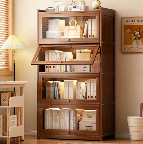 qeknxks 55 Bamboo Bookcases Book Shelfs with Acrylic Doors Freestanding Display Storage Shelves for Collectibles 4 Tier Tall Bookshelfs & Bookcases for Living Room Bedroom Home Office