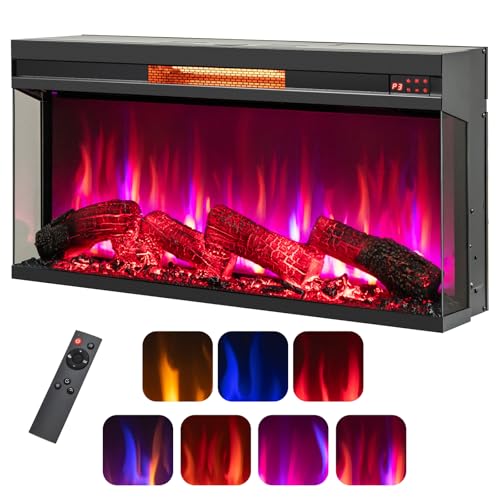 Tangkula 36 Inch 3-Sided Electric Fireplace, 1500W Recessed Fireplace Insert w/ 7-Color Flame, Adjustable Brightness, 9H Timer & Thermostat Control, Freestanding Fireplace w/Overheat Protection