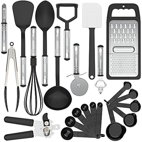 LDC LUX DECOR COLLECTION 23 PCS Cooking Utensils Set - Non-Stick and Heat Resistant Nylon Cooking Spatula Kitchen Set with Stainless Steel Handles - Black Cover