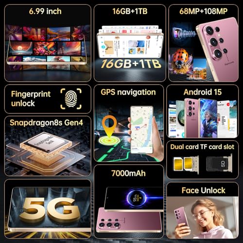 Image of SZV 26 Ultra Unlocked Cell Phone,16+1TB 5G Unlocked Phone, Built in Pen Android 15 Battery 7000mAh 6.99 inch HD Screen Smartphone, Dual SIM /Face ID /Fingerprint Lock /GPS (Rose Gold, 16+1TB)