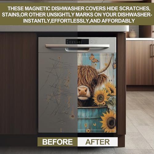 Image of Highland Cow Magnetic Dishwasher Cover,Sunflower Butterfly Dishwasher Covers for The Front Magnetic Dishwasher Panel Decal Cover for Kitchen 23x26inch