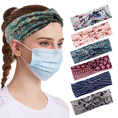 ESTART 6 Pack Women’s Yoga Sports Workout Headbands, Fashion Head Wraps with Buttons as an Ear Protector for Mask, Doubl