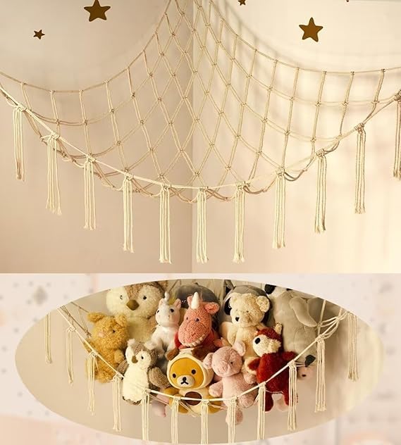 Boho Stuffed Animal Hammock with Fairy Lights – Wall Hanging Macrame Net Storage for Plush Toys-picture-33
