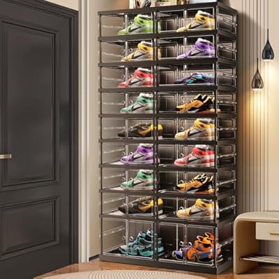 CIMLORD 9-Tier Foldable Shoe Rack for Closet Entryway 18-36Pairs,Stackable Clear Shoe Storage Boxes Organizer With Door Plastic Shoe Cabinet Bins with Lids Shoes Shelf Easy Assembly Large Black