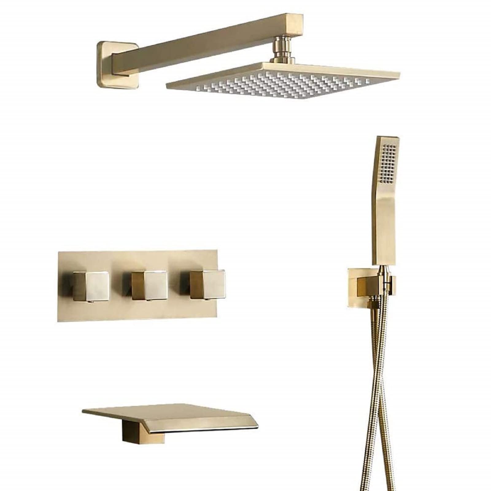 BULUXE Duschsystem Mit Wasserfall-Wannenauslauf & Handbrause - Gebürstetes Gold, 3-Funktions-Wandhalterung