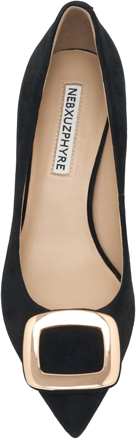 Women’s Genuine Leather Kitten Heel Pumps 2 Inch, Pointed Toe Dress Shoes with Metal Buckle – Elegant Office & Luxury Daily Shoes