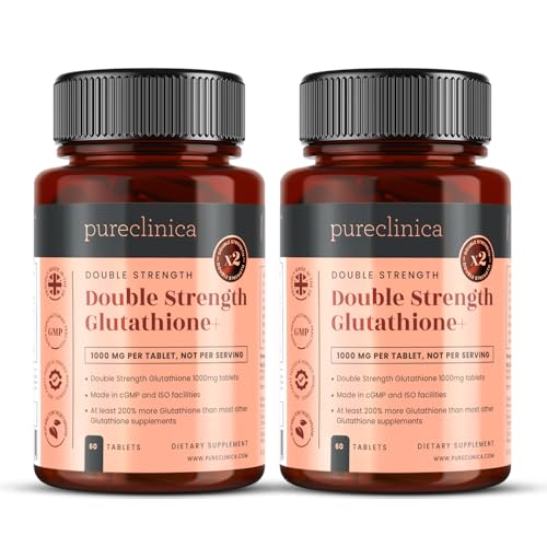 Glutationa de Doble Potencia 1000mg x 120 Comprimidos (60 comprimidos por frasco, 2 frascos). Con 500mg de Glutationa, 300mg de ALA, y 200mg de Vitamina C por comprimido. 200% más potente que los comprimidos de glutationa normales. SKU: GLU3x2