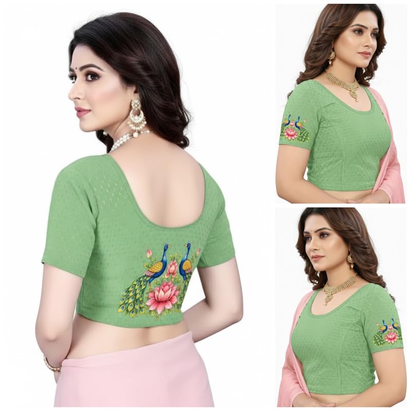 paarth enterprise PAARTH ENTREPRISE Women Cotton Blend Round Neck Short Sleeve Readymade Saree Blouse Pista-picture-20