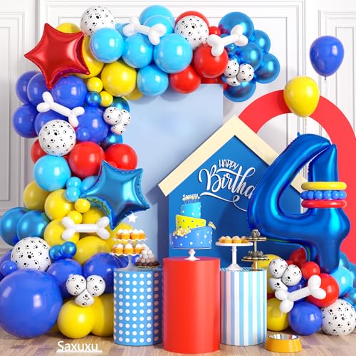 Image of 4th Birthday Decorations Boy, Dog Paw Fourth Birthday Balloons Arch with Red Blue Yellow Latex Balloons and Long Balloon Number 4 and Star Foil Balloon for Paw Party Supplies
