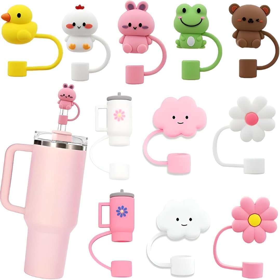M.F.H Cute Silicone Straw Cap Different Cartoon Cap for Stanley Cups & Tumblers Reusable Dust-Proof Cap Set Kawaii Animal & Flower Design Silicone, Fit for 9mm to 10mm Straws (Random design) (2)-image-18