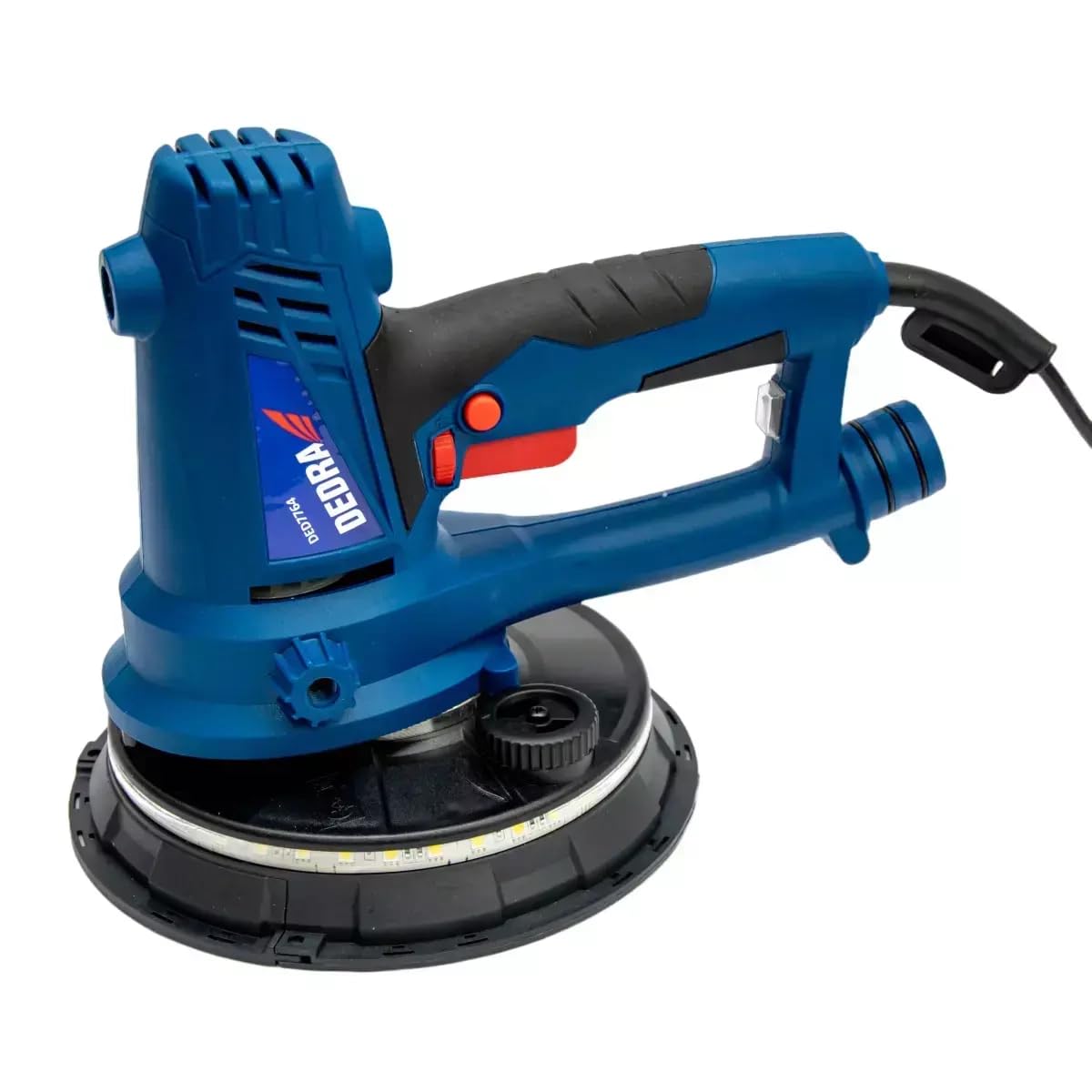 Levigatrice a secco a mano con luce LED DEDRA, 750 W, 1500-2700 giri/min, 180 mm, per la lavorazione del gesso, con aspirazione della polvere, peso 3,1 kg, cavo lungo 4 m