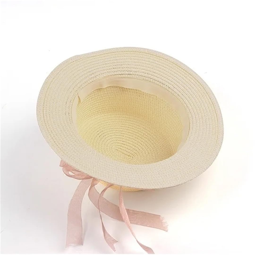 Sombrero para el Sol para Mujer, Sombrero de Cubo, Sombrero de Paja con Parte Superior Plana y Lazo de Encaje Beige de Verano (21244 Mujeres 56, Talla única 58 cm)
