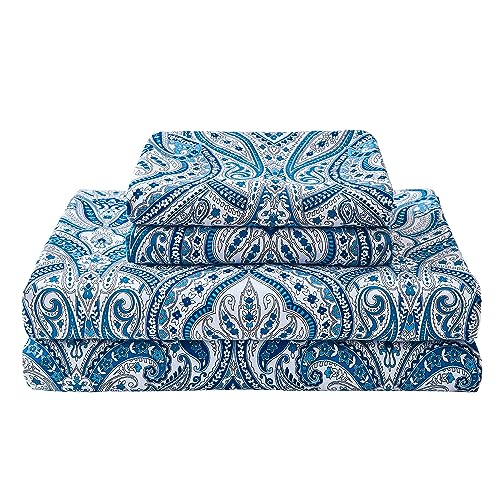 Image of Softan Blue Twin Size Sheet Set, Paisley Printed Bed Sheets for Single Bed, 3-Piece Microfiber Fitted Sheet with 15 inch Deep Pocket & Non-Slip Straps, Patterned Bedding Sheets & Pillowcase Set