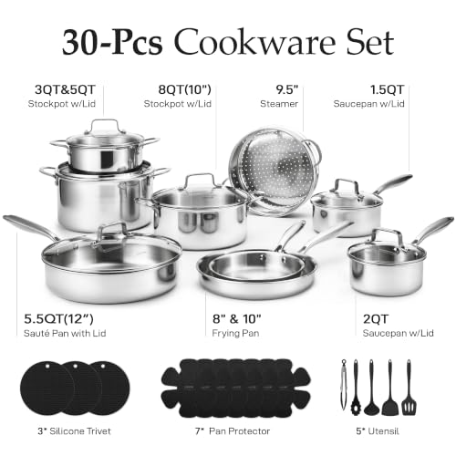 Image of CAROTE 30 PCS Tri-Ply Stainless Steel Cookware Set, Pots and Pans Set, Non Toxic Induction Kitchen Cooking Sets, Cookware Collection, Silver