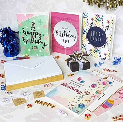 Unique Happy Birthday Cards Assortment 50 MultiPack with 25 White and 25 Brown Envelopes and Stickers Large Notes 5x7 Inch Multi pack , Blank Inside, For Men and Women