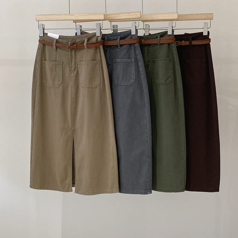 Röcke Damen,Midi-Rock Für Damen, Grün, Hohe Taille, Cargo-Schlitz, Jeans, Gerader Rock, Um Die Hüften Gewickelt, Mit Taschengürtel, A-Linie, Mode, Lange Röcke Für Mädchen, Damen