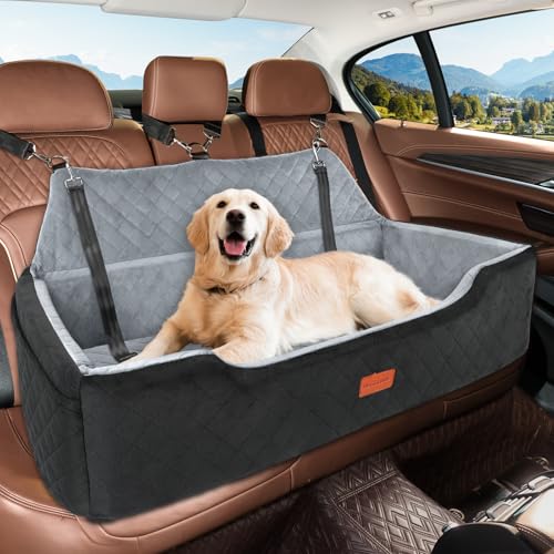 HEGGCOOE Seggiolino auto per cani di taglia grande per 2 cani di taglia media sotto i 45,4 kg, letto per cani lavabile, rialzo staccabile con tasca portaoggetti e guinzagli per sedile posteriore