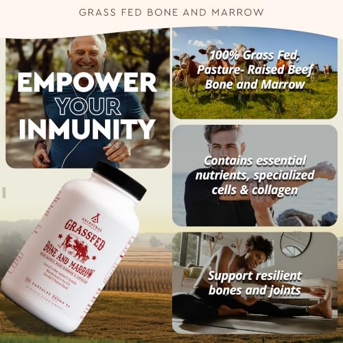 Ancestral Supplements Grass Fed Beef Bone and Marrow Supplement, 180 Ct | Whole beef bone marrow extract supports skin, oral health and joint wellness in a whole-body grass fed formula.