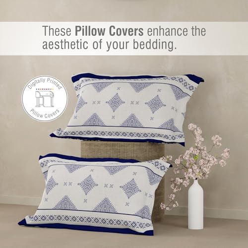 Image of BOUTIQUE LIVING Heritage Walk 100% Egyptian Cotton 200 TC Blue Ethnic Print King Bedsheet with 2 Pillow Covers