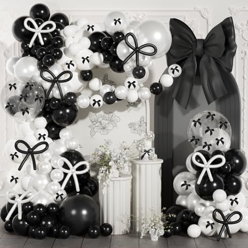 Image of Black and White Balloon Arch Kit, JOGAMS 199Pcs Bow Balloon Arch Kit with 260 Clear Pearl White Balloons Ribbon Bow for Coquette Bow Theme Birthday Bachelorette Baby Shower Bridal Shower Wedding