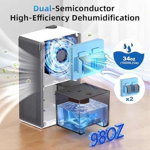 Image of 98 OZ Small Dehumidifier for Home 1000 Sq Ft, Quiet Dehumidifier with Drain Hose, Auto Shut-Off, Sleep Mode, 7-Color Light for Basement, Bedroom, Bathroom, Closet, RV (Grey White)