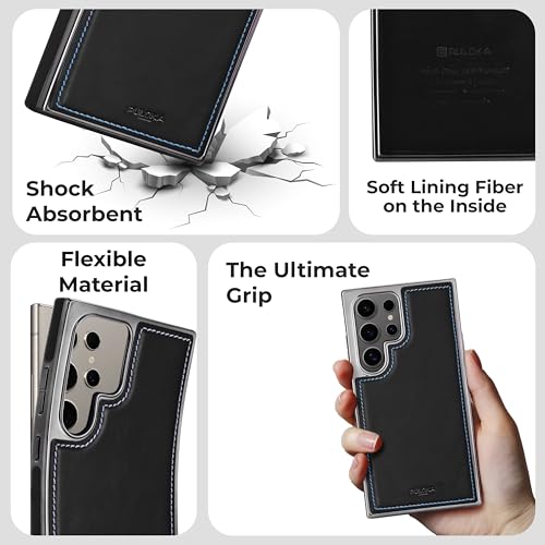 Image of PULOKA Chrome Leather Back Case - Compatible with Samsung Galaxy S23 Ultra - Luxury Bumper Case - Flexible Vegan Leather - Electroplated Sides - Full Camera Protetection & Raised Edges - Black