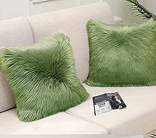 Image of Fur Cushion Pillow Cover for Set of 2 Pillow - 13x13 Inches (Olive Green)